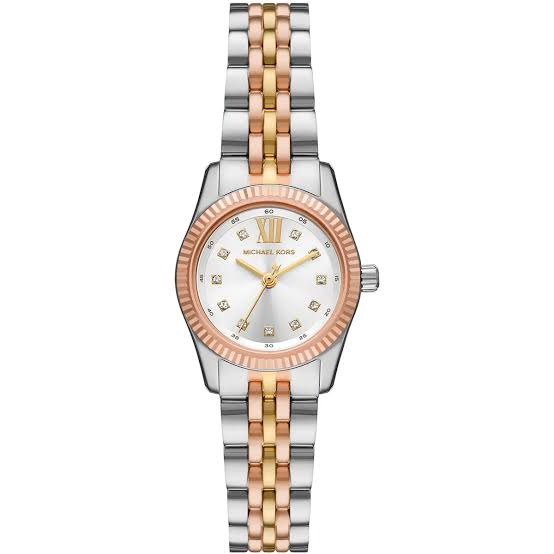 montre-michael-kors-mk4987-face-cadran-cristaux Montre Michael Kors MK4987 vue de face avec cadran argenté, index cristaux et lunette cannelée or rose