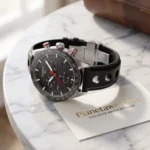 Montre Tissot PRS 516 Chronographe T1004171605100 avec bracelet en cuir noir perforé sur table en marbre