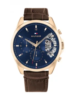 Montre Tommy Hilfiger 1710453 homme, vue de face, cadran squelette bleu, cadran et bracelet visibles en détail