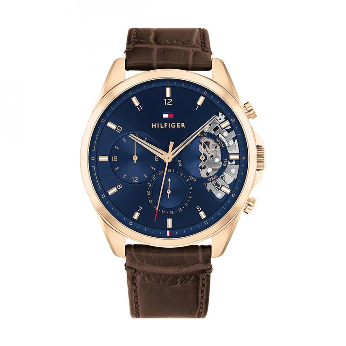 Montre Tommy Hilfiger 1710453 Baker Homme – vue de face, cadran squelette bleu Montre Tommy Hilfiger 1710453 homme, vue de face, cadran squelette bleu, cadran et bracelet visibles en détail