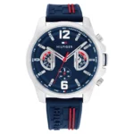 Montre Tommy Hilfiger 1710635 homme, vue de face, lunette tachymétrique, cadran et bracelet visibles en détail