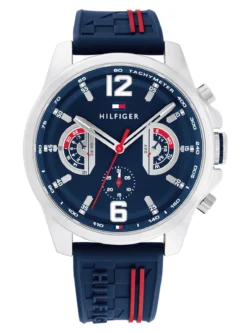 Montre Tommy Hilfiger 1710635 homme, vue de face, lunette tachymétrique, cadran et bracelet visibles en détail