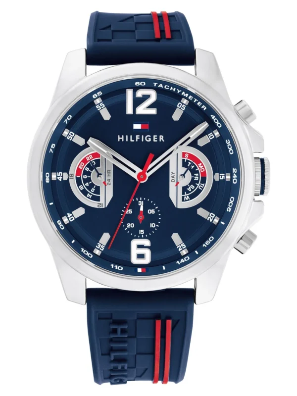 Montre Tommy Hilfiger 1710635 homme, vue de face, lunette tachymétrique, cadran et bracelet visibles en détail