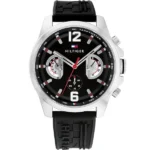 Montre Tommy Hilfiger 1710636 homme, vue de face, cadran noir, cadran et bracelet visibles en détail