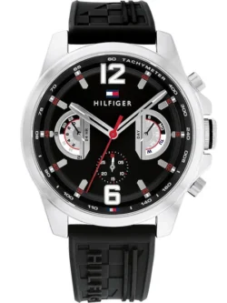 Montre Tommy Hilfiger 1710636 homme, vue de face, cadran noir, cadran et bracelet visibles en détail