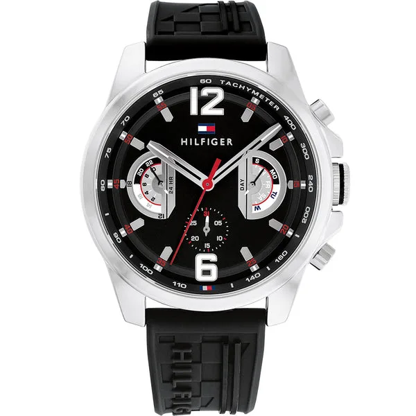 Montre Tommy Hilfiger 1710636 Tucker Homme – vue de face, cadran noir Montre Tommy Hilfiger 1710636 homme, vue de face, cadran noir, cadran et bracelet visibles en détail