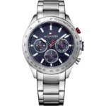 Montre Tommy Hilfiger 1791228 Hudson homme vue de face, cadran bleu et boîtier acier brossé