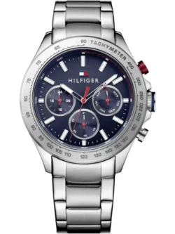 Montre Tommy Hilfiger 1791228 Hudson homme vue de face, cadran bleu et boîtier acier brossé