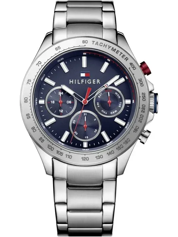 Montre Tommy Hilfiger 1791228 Hudson homme vue de face, cadran bleu et boîtier acier brossé