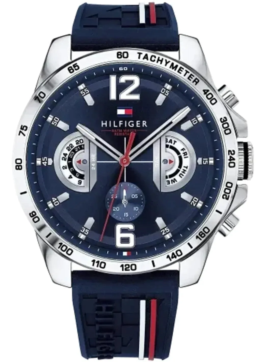 Montre Tommy Hilfiger 1791476 Decker Homme – vue de face, lunette tachymétrique Montre Tommy Hilfiger 1791476 homme, vue de face, lunette tachymétrique, cadran et bracelet visibles en détail