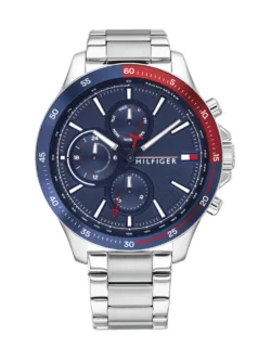 Montre Tommy Hilfiger 1791718 Bank homme vue de face, cadran bleu avec tachymètre et bracelet acier