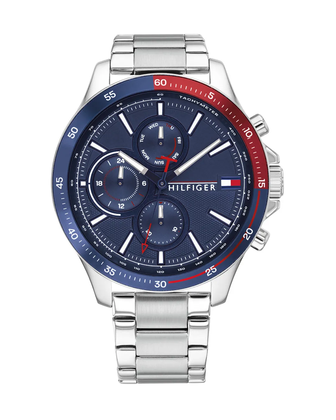 Montre Tommy Hilfiger 1791718 Homme – vue de face Montre Tommy Hilfiger 1791718 Bank homme vue de face, cadran bleu avec tachymètre et bracelet acier