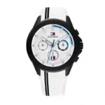 Montre Tommy Hilfiger 1791862 homme, vue de face, cadran blanc, cadran et bracelet visibles en détail