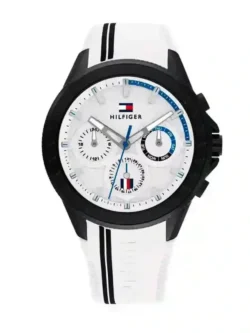 Montre Tommy Hilfiger 1791862 homme, vue de face, cadran blanc, cadran et bracelet visibles en détail