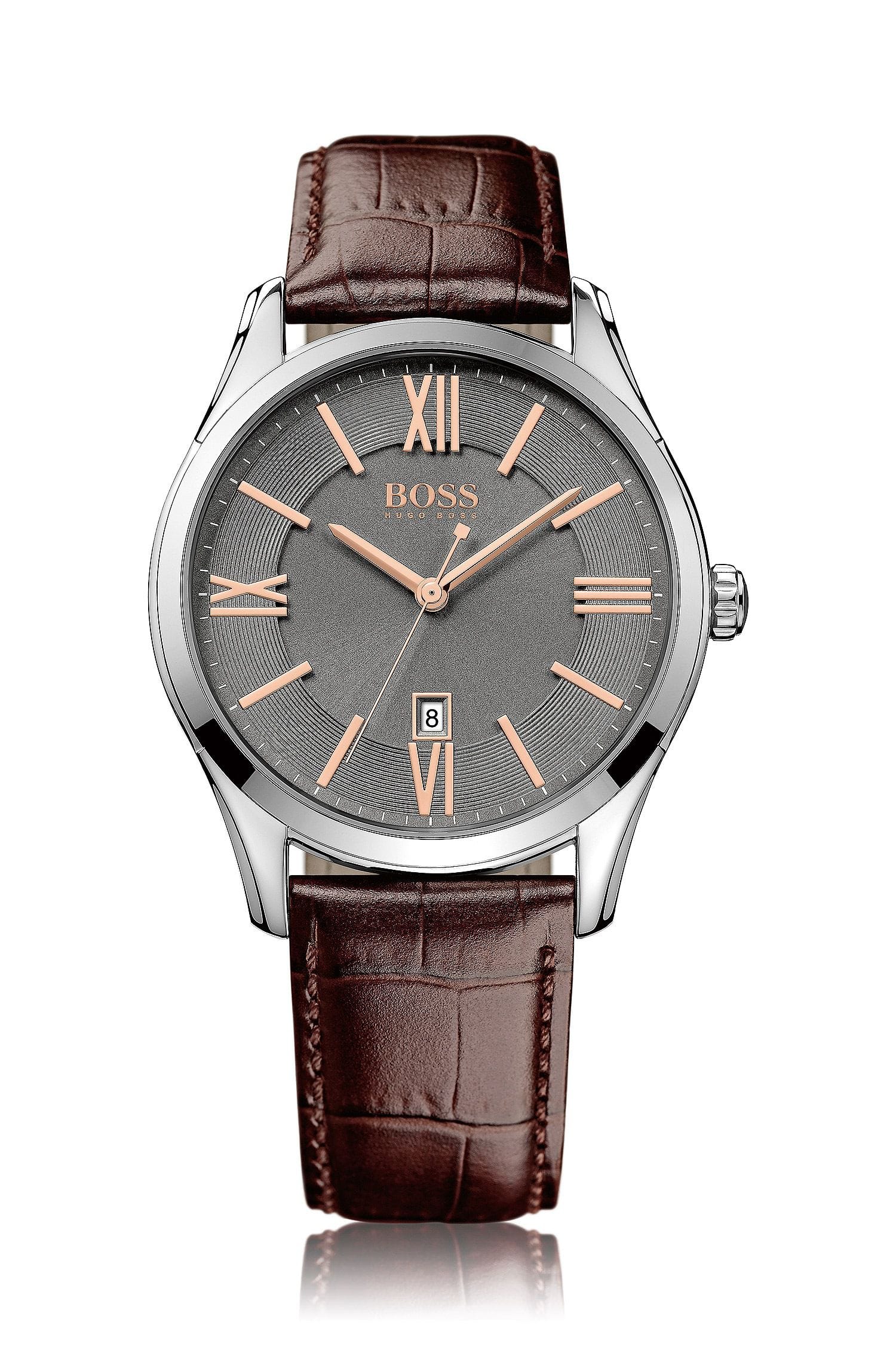 Hugo Boss 1513041 Ambassador - vue face Montre Hugo Boss 1513041 Ambassador cadran gris bracelet cuir croco 43mm
