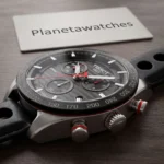 Gros plan sur le cadran noir texturé et les poussoirs du chronographe Tissot PRS 516 T1004171605100