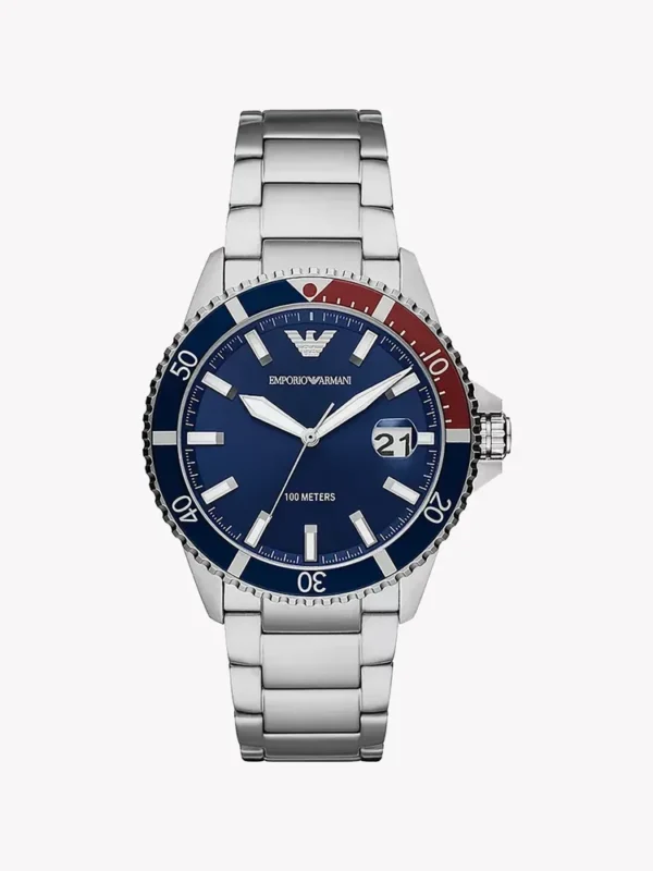 La Emporio Armani AR11339 vue de face, cadran bleu et lunette bicolore bleu et bordeaux, boîtier argenté 42 mm.