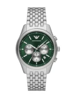 Montre Emporio Armani AR11581 Antonio homme vue de face, cadran vert à trois compteurs argentés et bracelet acier