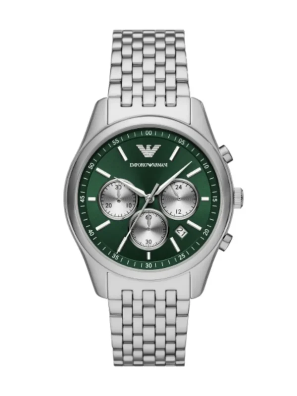 Montre Emporio Armani AR11581 Antonio homme vue de face, cadran vert à trois compteurs argentés et bracelet acier