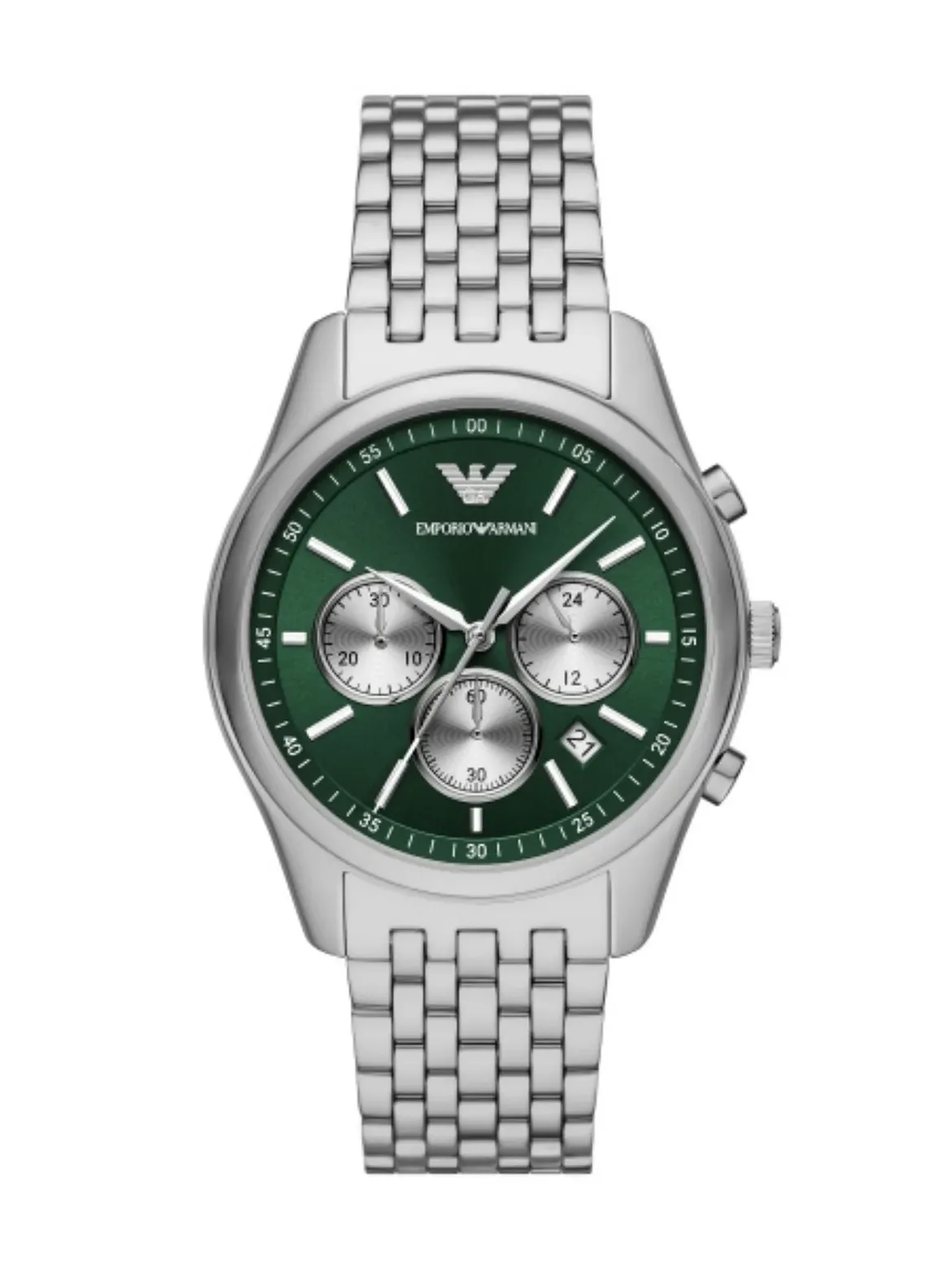 Montre Emporio Armani AR11581 Antonio Homme – vue de face Montre Emporio Armani AR11581 Antonio homme vue de face, cadran vert à trois compteurs argentés et bracelet acier
