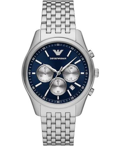 Montre Emporio Armani AR11582 Antonio homme vue de face, cadran bleu à trois compteurs argentés et bracelet acier