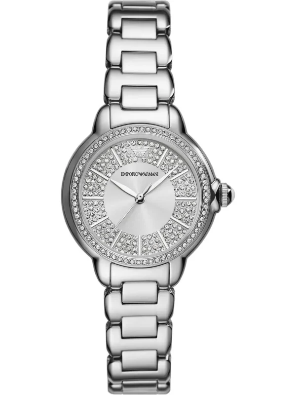 Montre Emporio Armani AR11632 Genni vue de face, cadran argenté entièrement pavé de cristaux