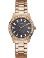 Montre Guess GW0111L3 Sparkler femme vue de face, cadran en nacre sombre, index baguettes et lunette sertie