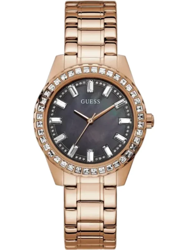 Montre Guess GW0111L3 Sparkler femme vue de face, cadran en nacre sombre, index baguettes et lunette sertie