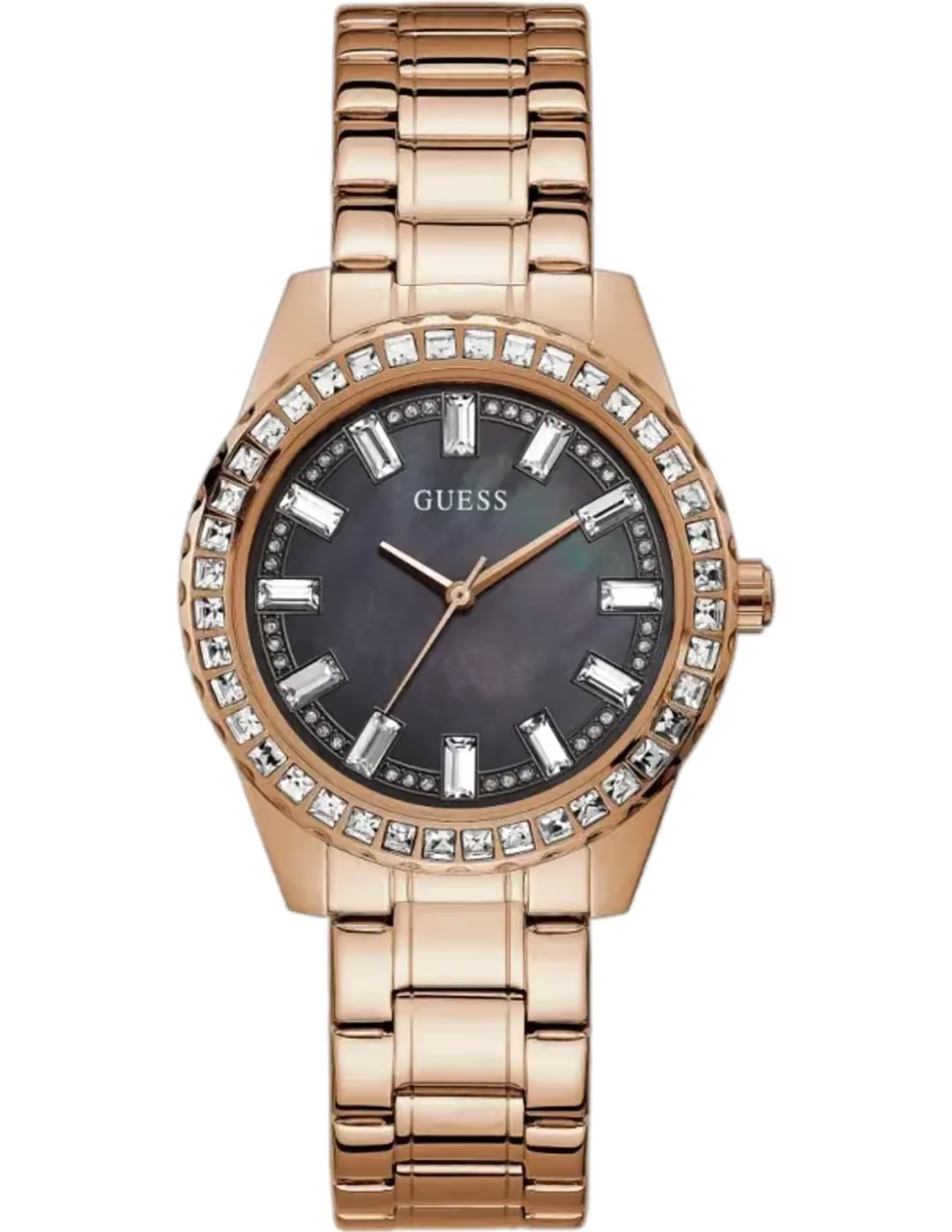 Montre Guess GW0111L3 Sparkler Femme – vue de face Montre Guess GW0111L3 Sparkler femme vue de face, cadran en nacre sombre, index baguettes et lunette sertie