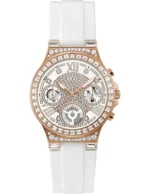 Montre Guess GW0257L2 Moonlight vue de face, boîtier or rose serti de cristaux et bracelet en silicone blanc