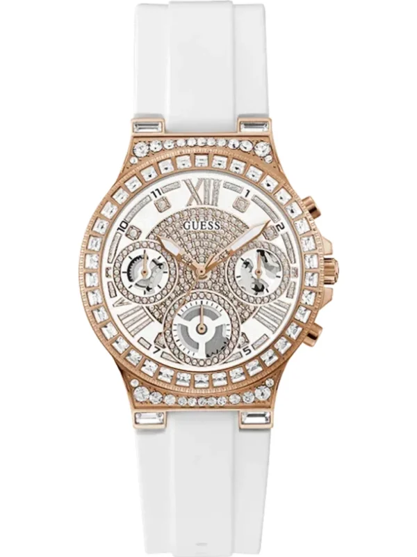 Montre Guess GW0257L2 Moonlight vue de face, boîtier or rose serti de cristaux et bracelet en silicone blanc