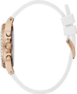 Guess GW0257L2 vue de profil, couronne et poussoirs or rose, bracelet en silicone blanc avec sa boucle ardillon