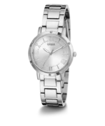 Montre Guess GW0404L1 Dawn femme en trois quarts, lunette à vis apparentes et bracelet acier argenté