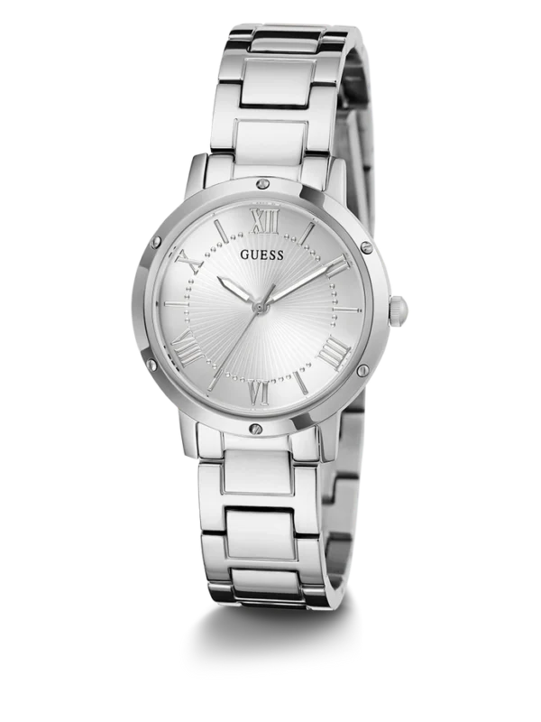 Montre Guess GW0404L1 Dawn femme en trois quarts, lunette à vis apparentes et bracelet acier argenté