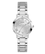 Montre Guess GW0404L1 Dawn femme vue de face, cadran argenté sunray avec chiffres romains et bracelet acier
