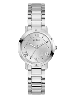 Montre Guess GW0404L1 Dawn femme vue de face, cadran argenté sunray avec chiffres romains et bracelet acier
