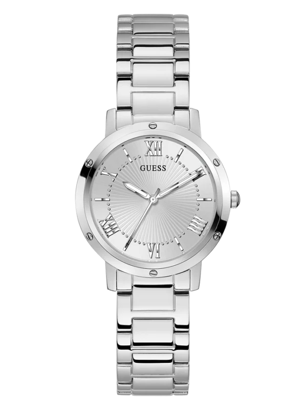 Montre Guess GW0404L1 Dawn femme vue de face, cadran argenté sunray avec chiffres romains et bracelet acier