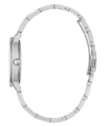 Montre Guess GW0404L1 Dawn femme vue de profil, boîtier argenté avec couronne et bracelet acier fermé