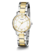 Montre Guess GW0404L2 Dawn femme en trois quarts, lunette dorée à vis et bracelet acier bicolore