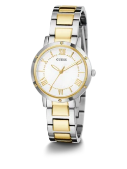 Montre Guess GW0404L2 Dawn femme en trois quarts, lunette dorée à vis et bracelet acier bicolore