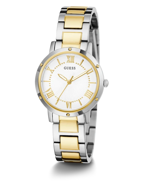 Montre Guess GW0404L2 Dawn femme en trois quarts, lunette dorée à vis et bracelet acier bicolore