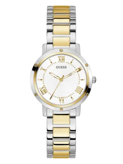 Montre Guess GW0404L2 Dawn femme bicolore, cadran blanc sunray avec chiffres romains dorés