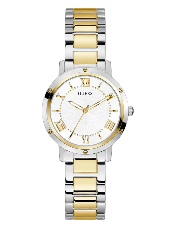 Montre Guess GW0404L2 Dawn femme bicolore, cadran blanc sunray avec chiffres romains dorés