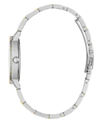 Montre Guess GW0404L2 Dawn femme vue de profil, boîtier argenté, lunette dorée et bracelet bicolore