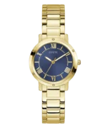 Montre Guess GW0404L4 Dawn femme dorée, cadran bleu sunray avec chiffres romains dorés et bracelet acier