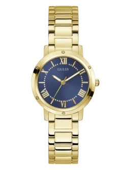 Montre Guess GW0404L4 Dawn femme dorée, cadran bleu sunray avec chiffres romains dorés et bracelet acier