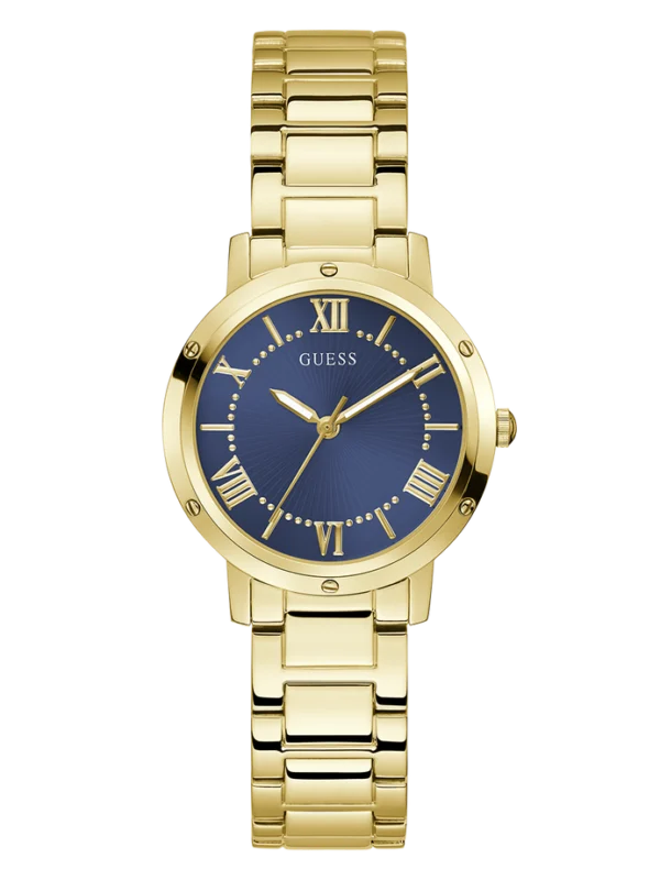 Montre Guess GW0404L4 Dawn femme dorée, cadran bleu sunray avec chiffres romains dorés et bracelet acier