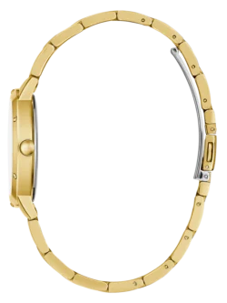 Montre Guess GW0404L4 Dawn femme vue de profil, boîtier et bracelet dorés avec fermoir déployant