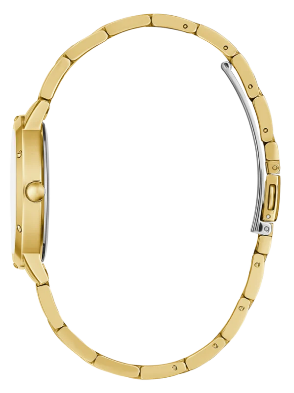Montre Guess GW0404L4 Dawn femme vue de profil, boîtier et bracelet dorés avec fermoir déployant