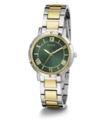 Montre Guess GW0404L5 Dawn femme en trois quarts, cadran vert, lunette dorée à vis et bracelet bicolore
